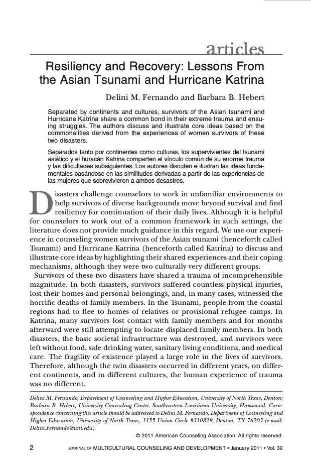 Resiliency and Recovery: Lessons From the Asian Tsunami and Hurricane Katrina