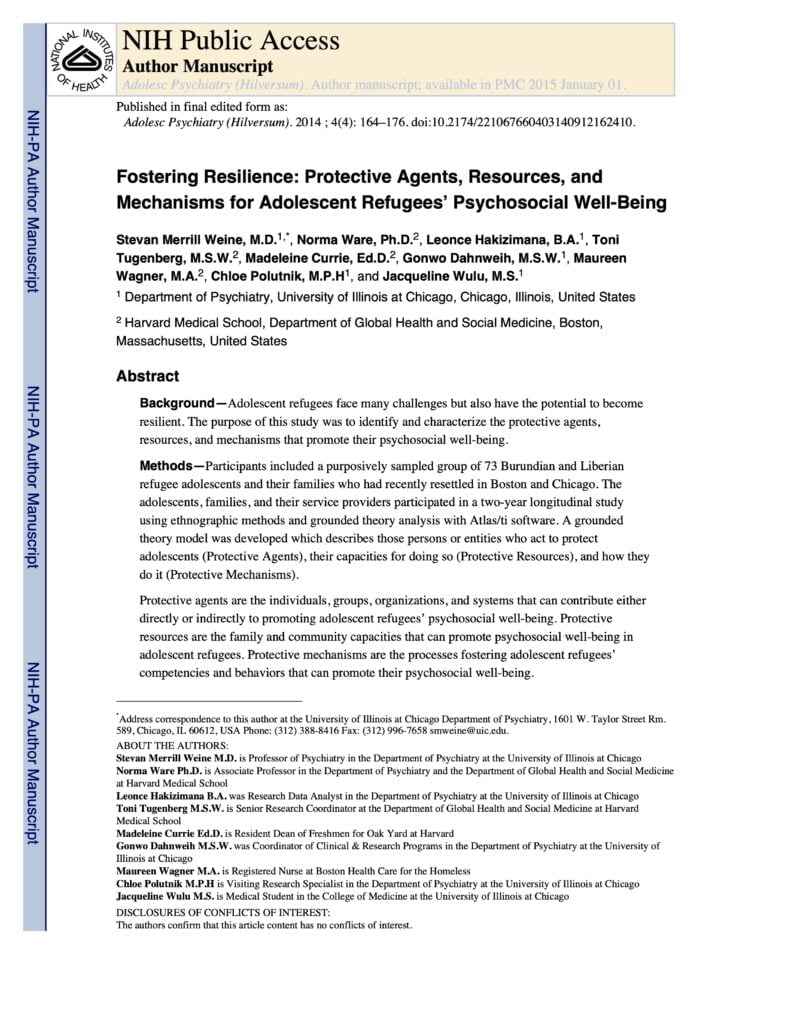 Fostering Resilience: Protective Agents, Resources, and Mechanisms for Adolescent Refugees