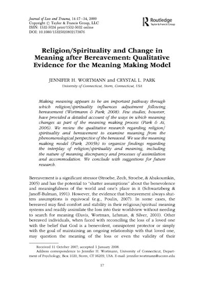 Religion/spirituality and change in meaning after bereavement: Qualitative evidence for the meaning making mode